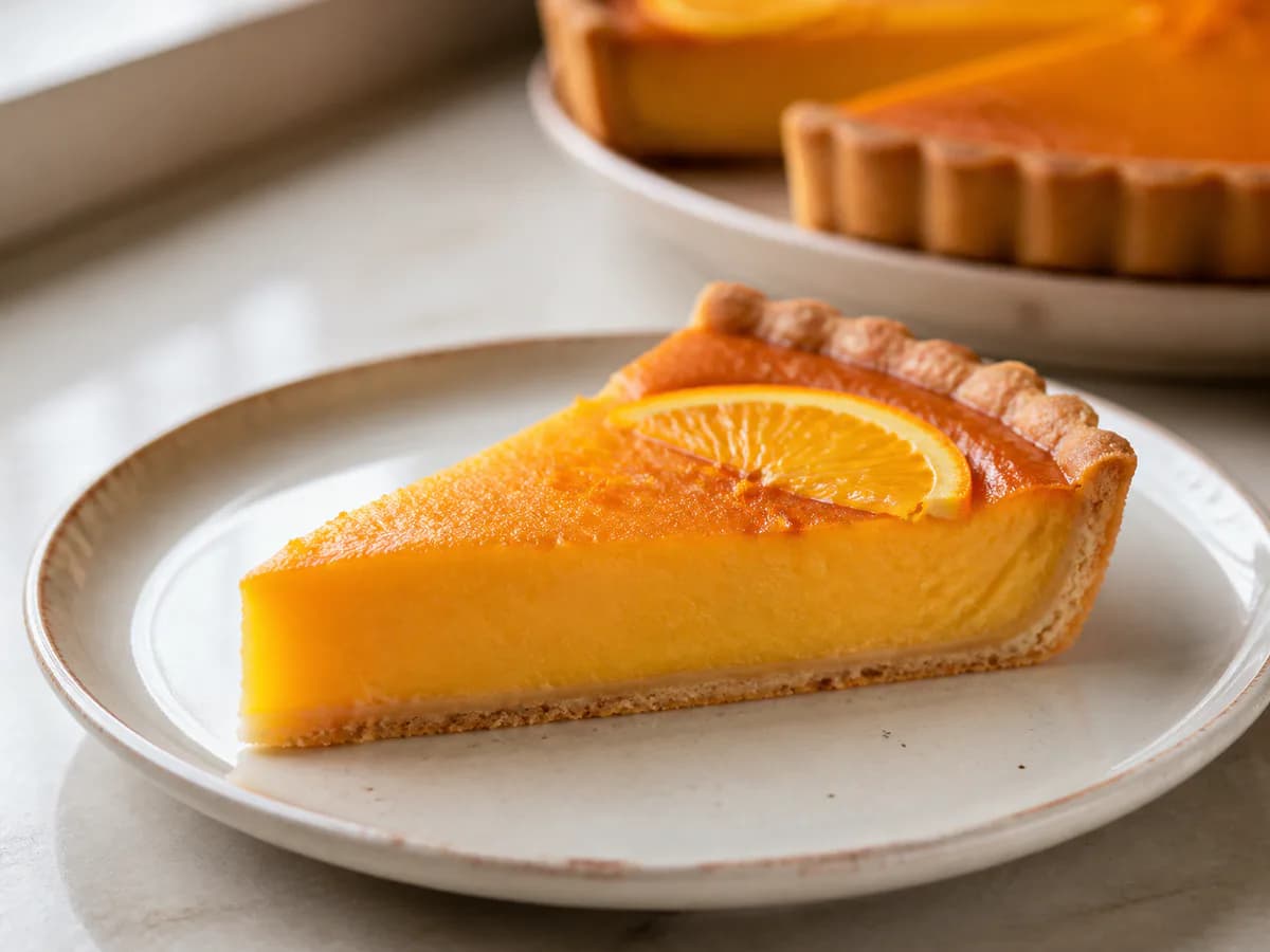 Pormenor de uma porção de Tarte Doce de Laranja