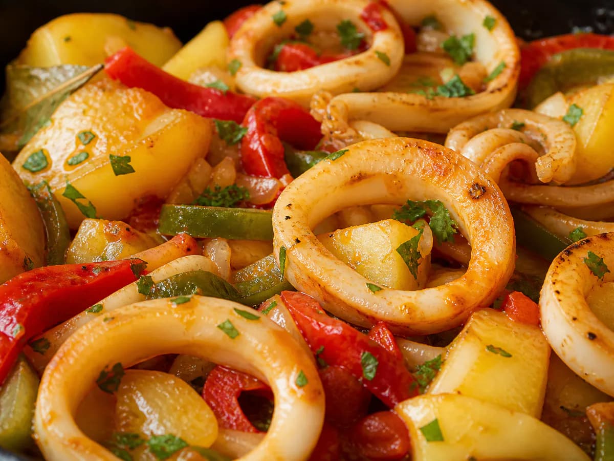 Pormenor de uma porção de Tiras de Pota no Forno com Batatas e Pimentos