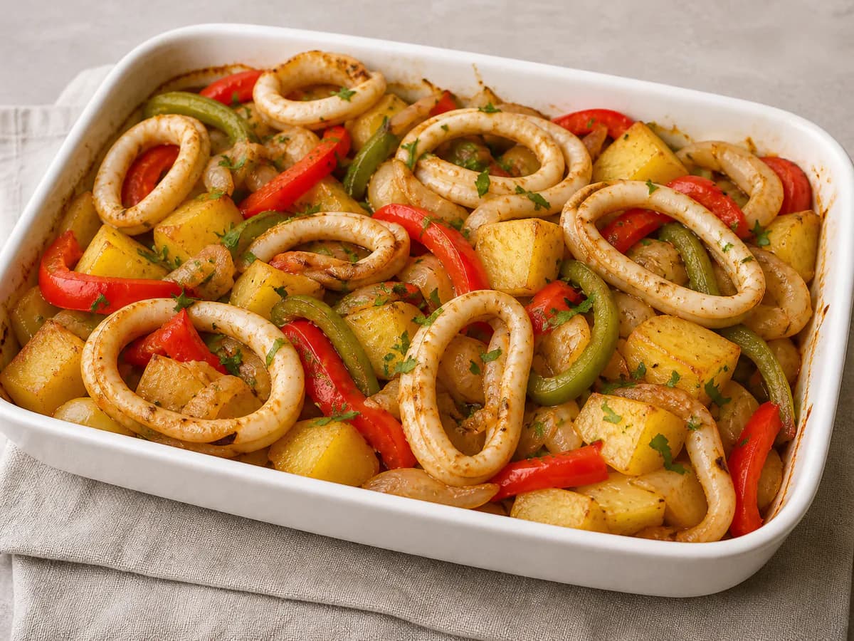 Tiras de Pota no Forno com Batatas e Pimentos