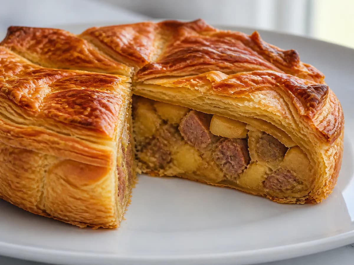 Pormenor de uma porção de Empada Folhada de Porco e Batata