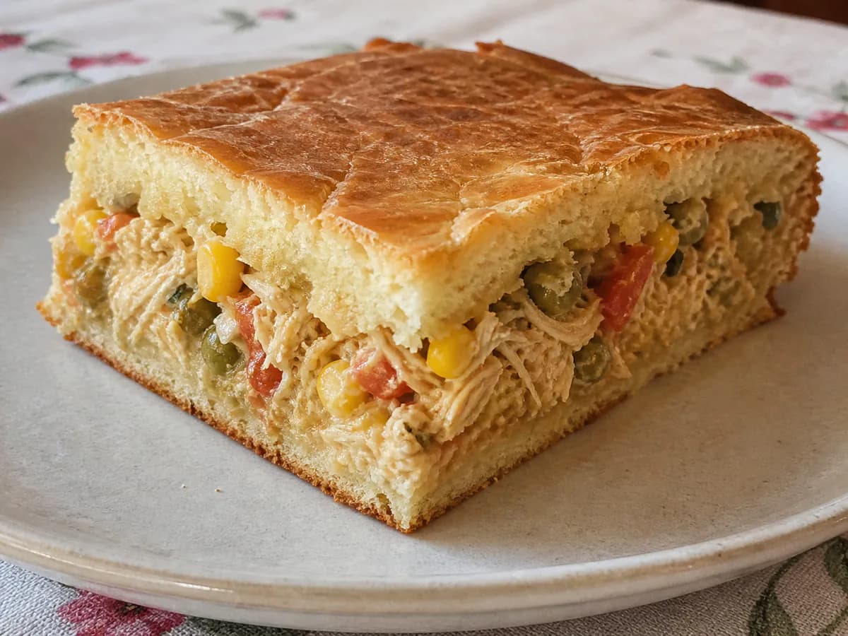 Pormenor de uma porção de Torta Rápida de Frango para o Lanche