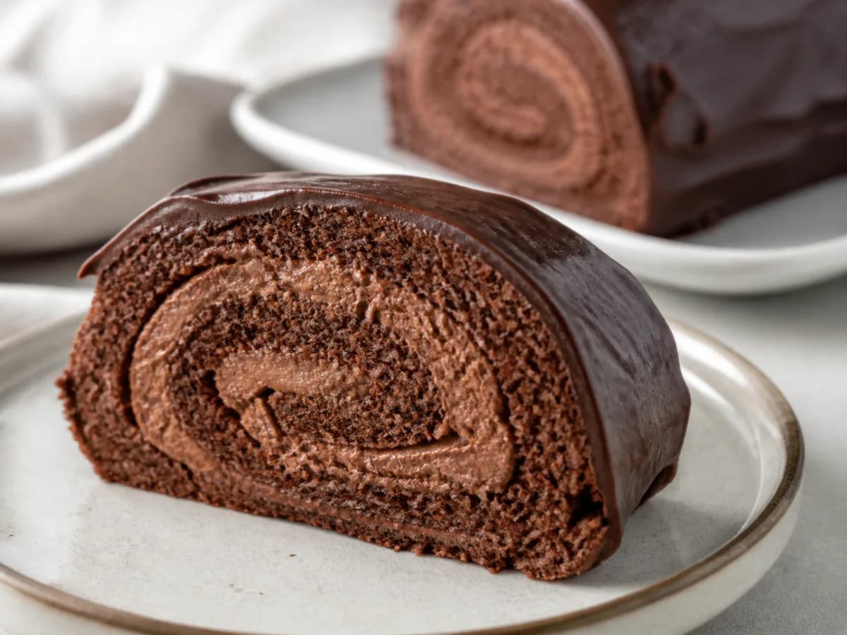 Pormenor de uma porção de Tronco de Natal de Chocolate na Bimby
