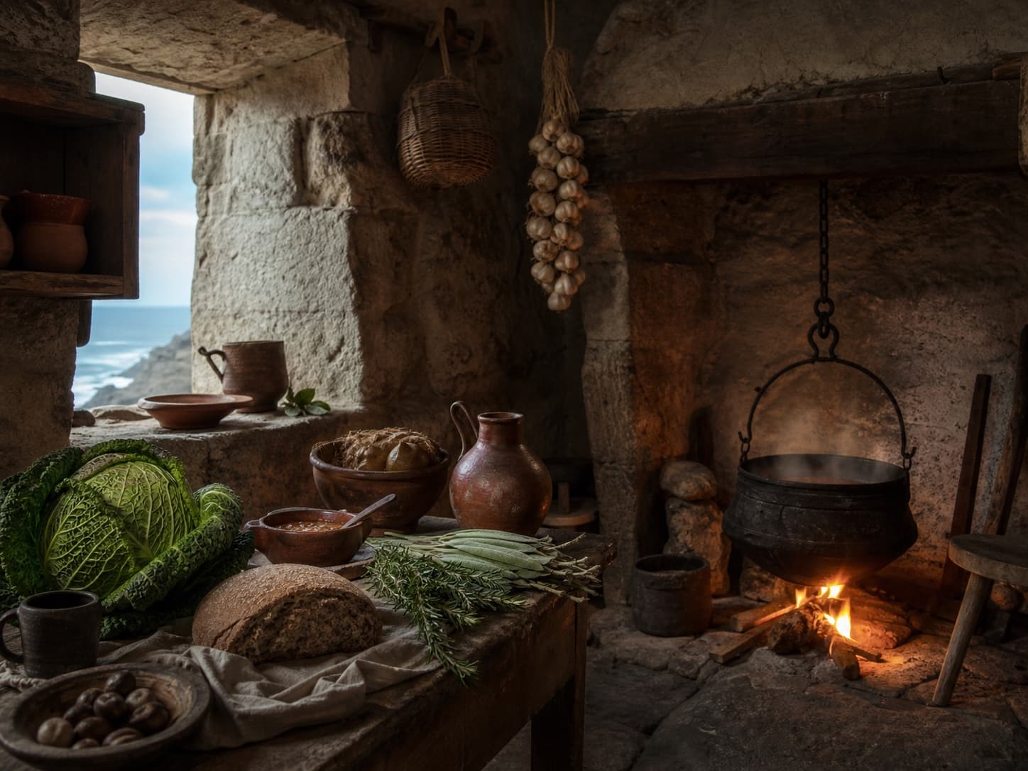 Cozinha regional medieval com pão, couves, ervas e panela ao lume