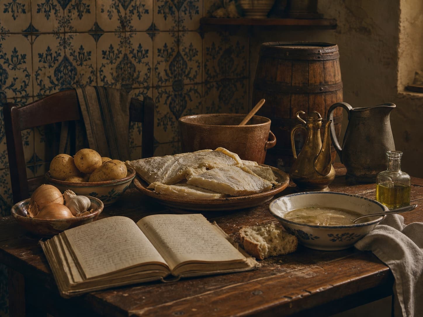 Mesa portuguesa dos séculos XIX e XX com bacalhau, batatas, sopa e caderno de receitas