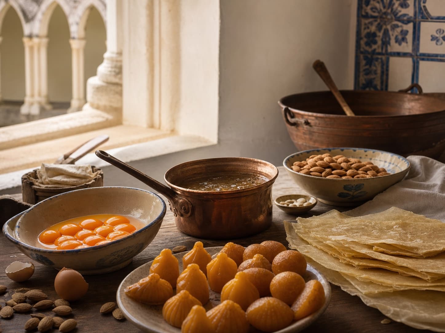 Gemas, amêndoas, calda de açúcar e doces numa cozinha conventual
