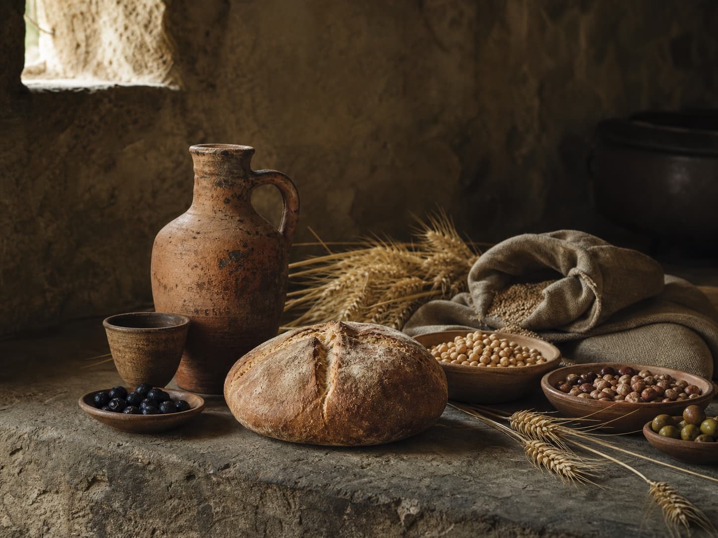 Cozinha portuguesa de pedra com pão, azeite e utensílios tradicionais