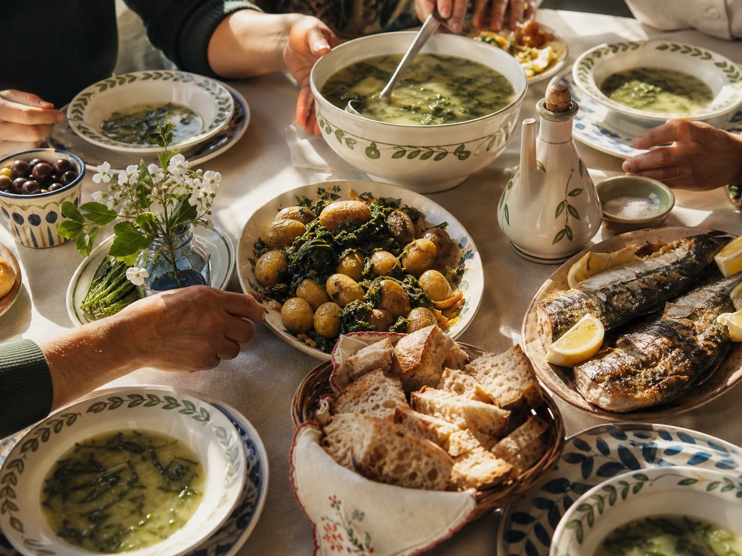 Mesa portuguesa contemporânea com uma refeição partilhada