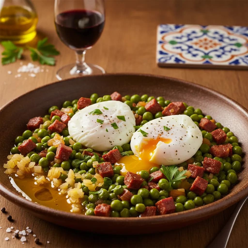 Ervilhas Estufadas com Chouriço e Ovos Escalfados