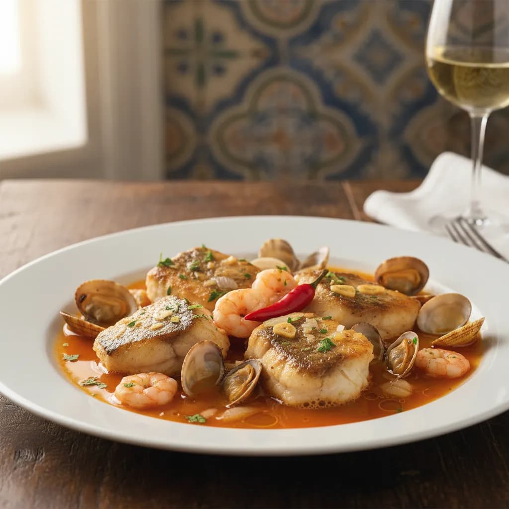 Medalhões de Pescada com Ameijoa e Camarão à Marinheira