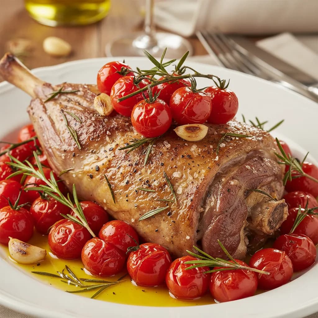 Borrego Assado com Tomate Cherry e Alecrim