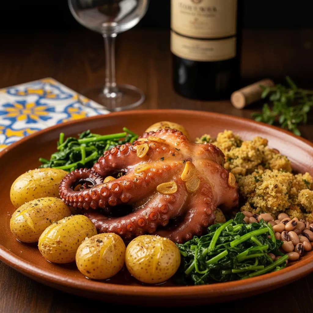 Polvo à Lagareiro com Migas de Broa de Milho, Grelos e Feijão Frade e Batatas a Murro