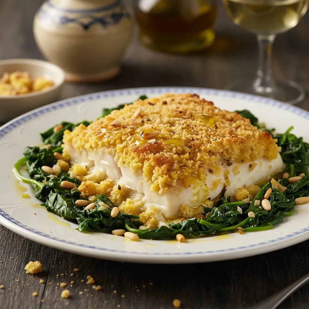 Bacalhau com Broa de Milho e Espinafres