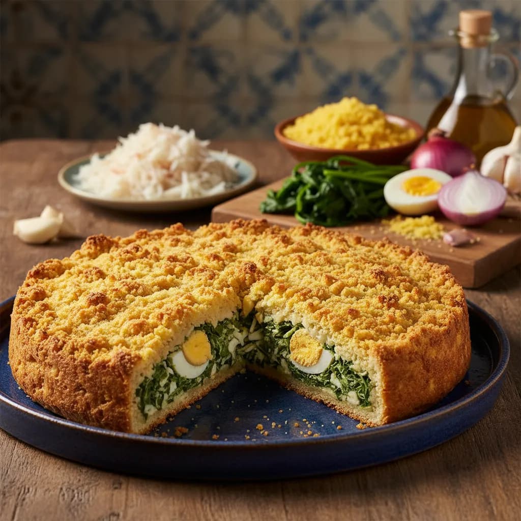 Empadão de Bacalhau com Grelos e Crosta de Broa