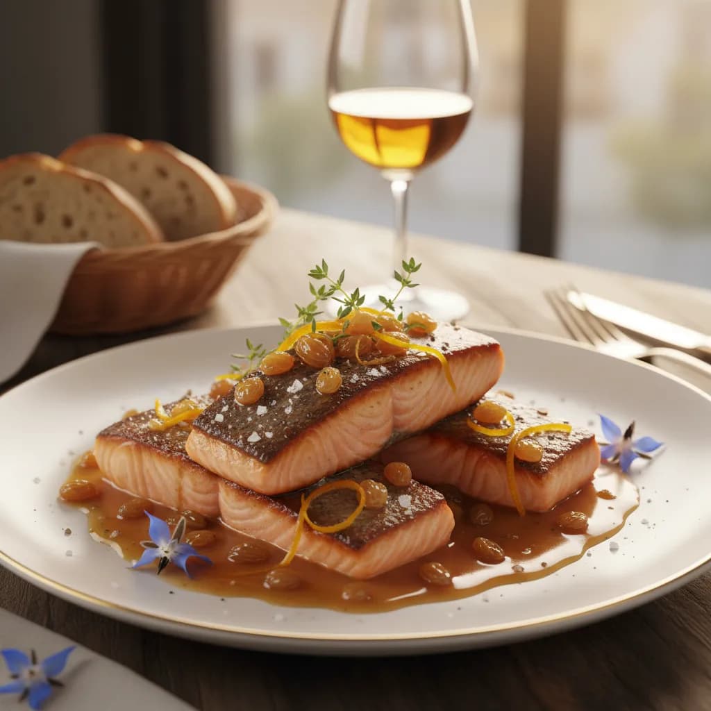 Salmão em Molho de Passas, Laranja e Vinho do Porto