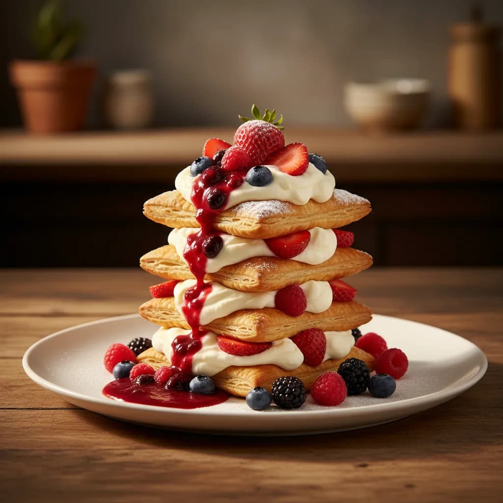 Folhado de Morangos e Chantilly com Coulis de Frutos Silvestres