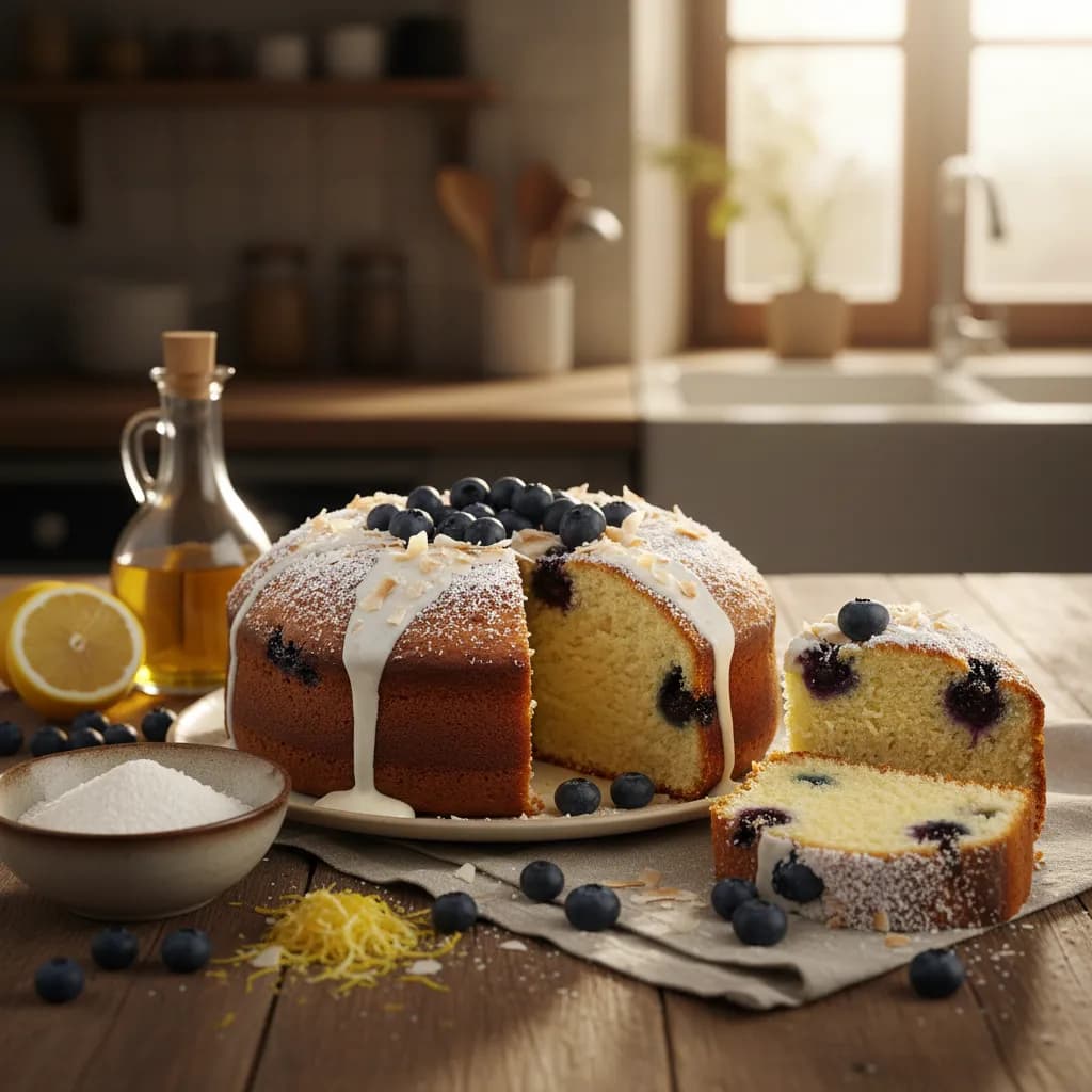 Bolo de Iogurte Grego com Coco e Mirtilos