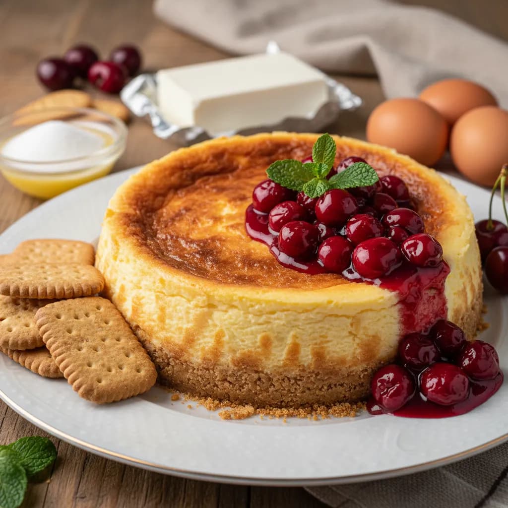 Cheesecake de Forno com Molho de Cerejas