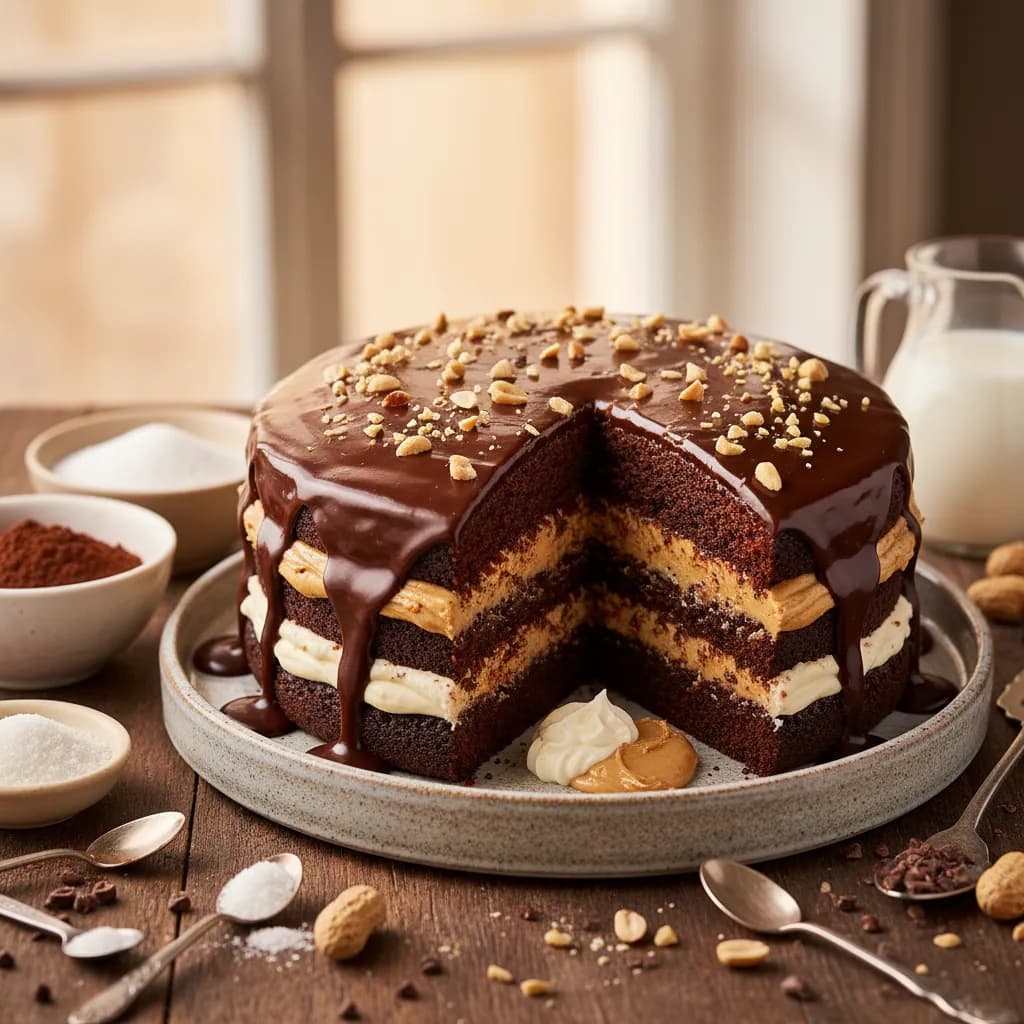Bolo de Chocolate com Cobertura e Recheio de Natas e Manteiga de Amendoim