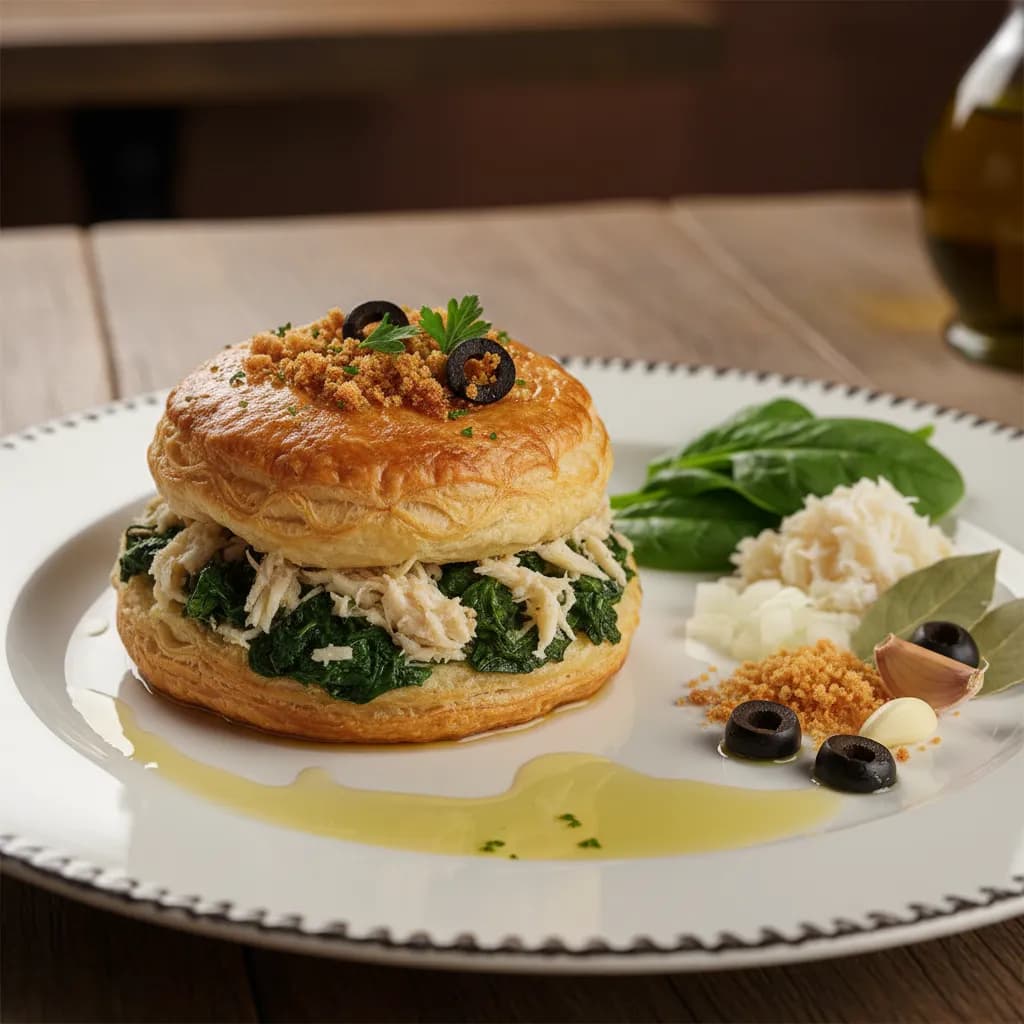 Migas de Bacalhau com Espinafres Escondidas em Massa Folhada
