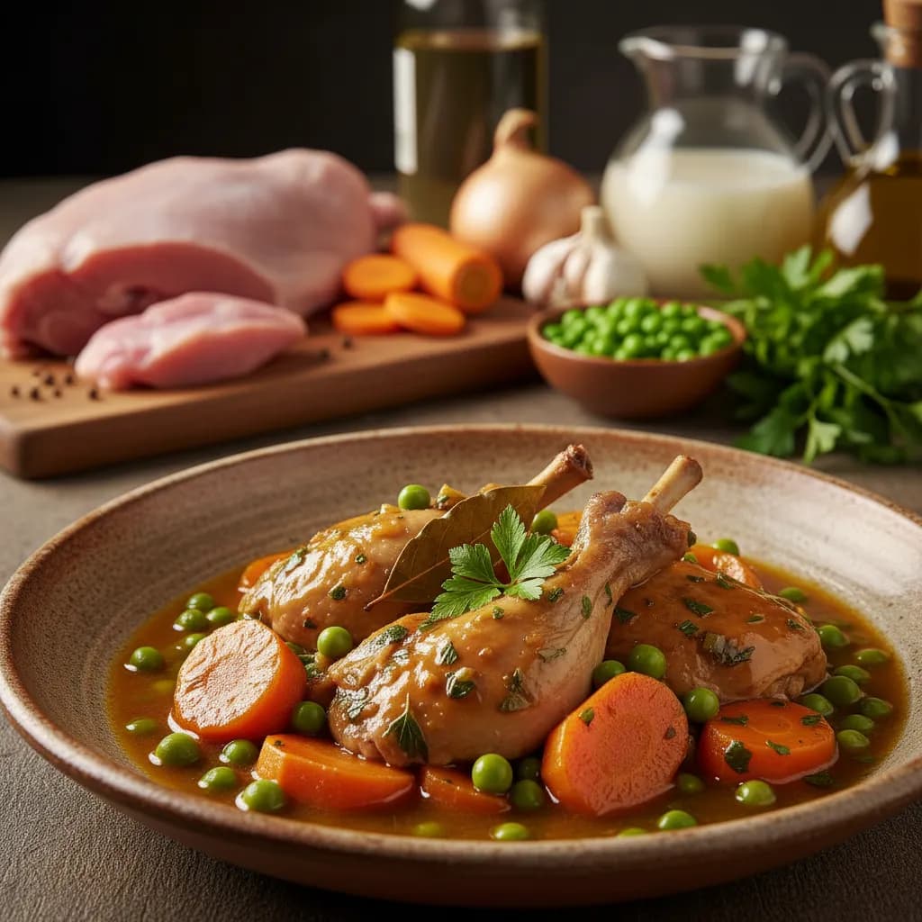 Coelho Guisado com Ervilhas e Cenouras