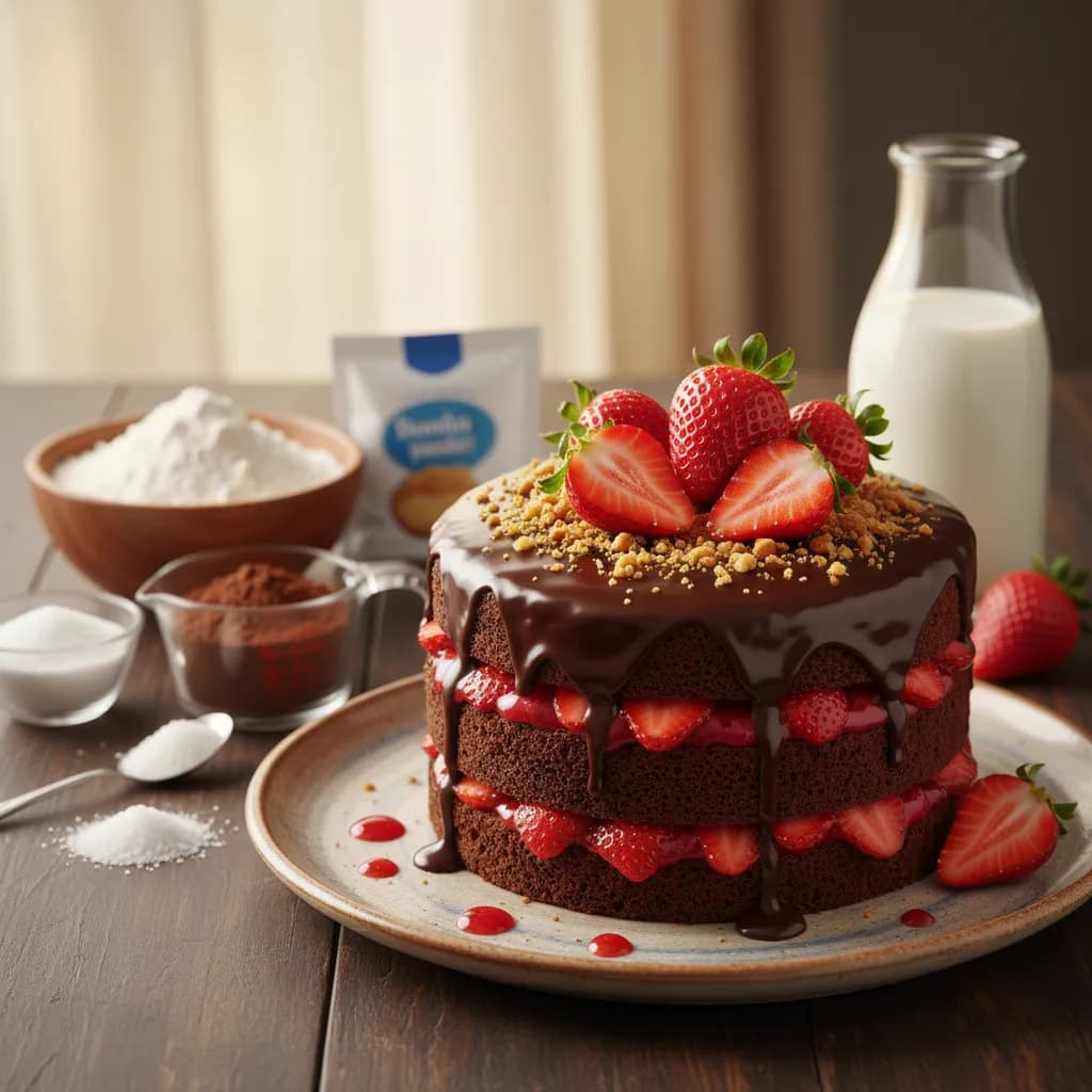 Bolo de Chocolate Recheado com Morangos e Praliné