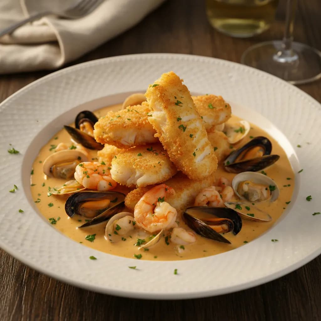 Bacalhau Frito com Molho de Frutos do Mar