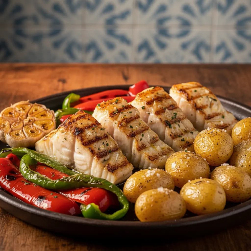 Bacalhau Assado na Brasa com Batatas a Murro e Pimentos