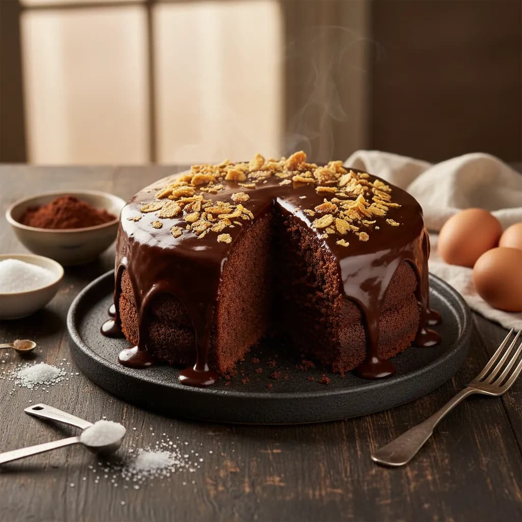 Bolo de Chocolate com Cobertura de Chocolate e Flocos de Mel