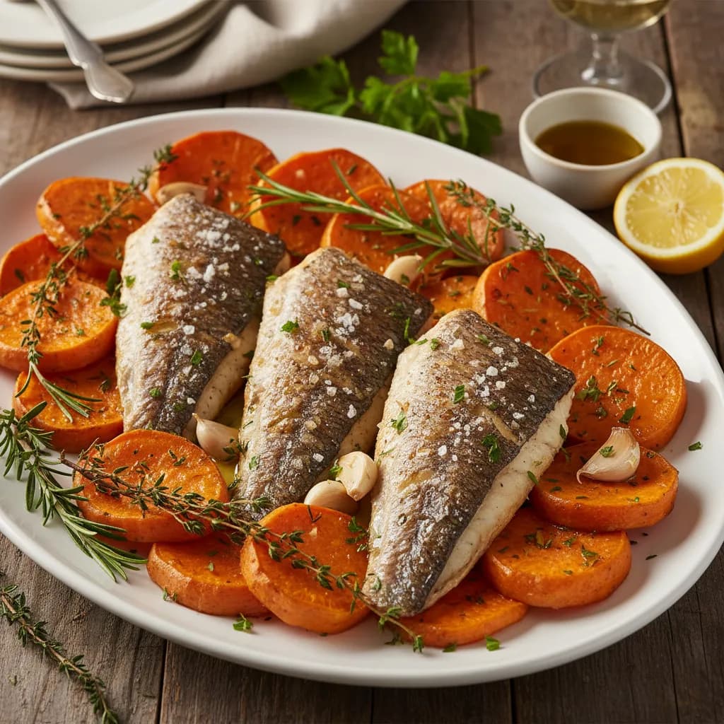 Peixe no Forno com Batata Doce e Ervas Aromáticas