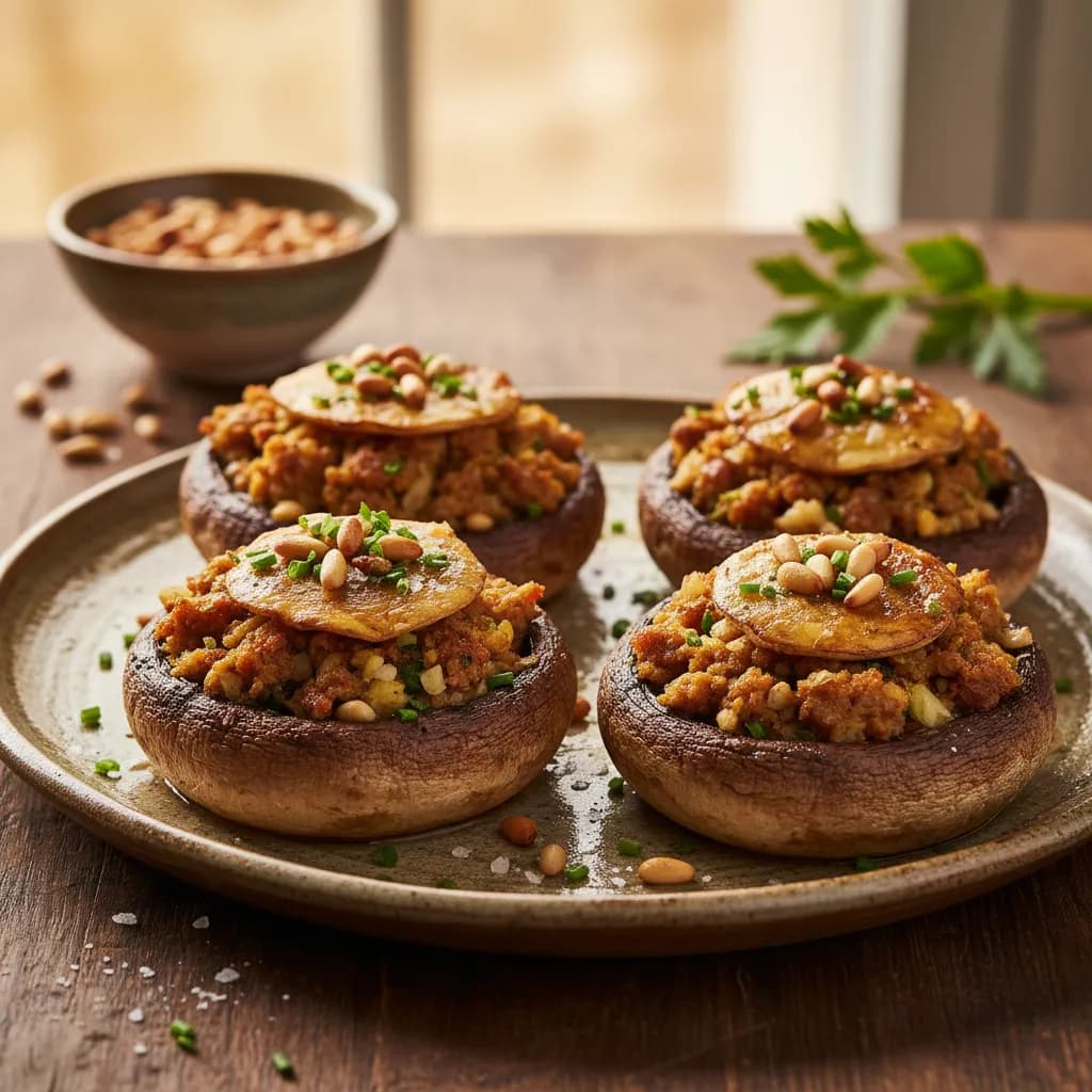 Cogumelos Portobello Recheados com Alheira e Pinhões