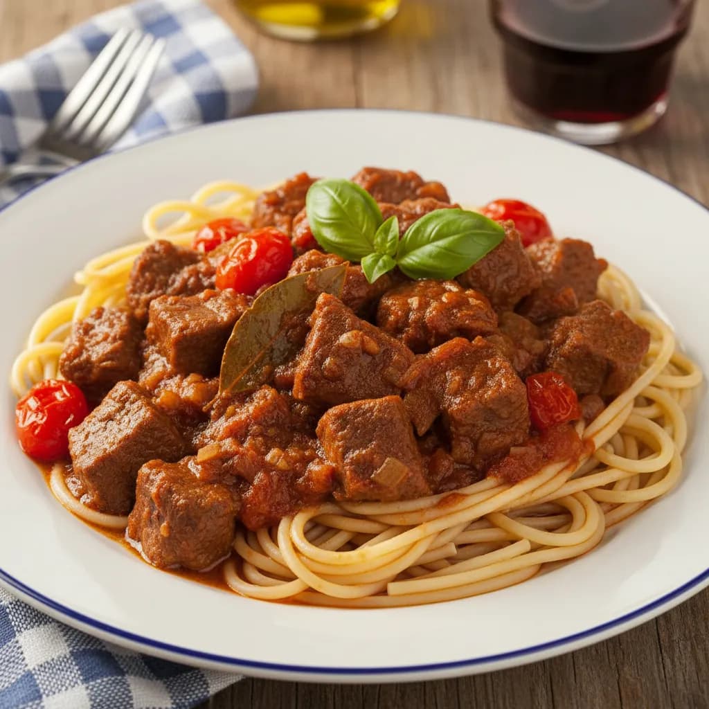 Alcatra Guisada com Esparguete Económico