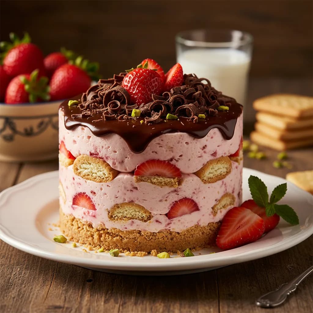 Pudim de Morango com Bolacha Maria e Chocolate