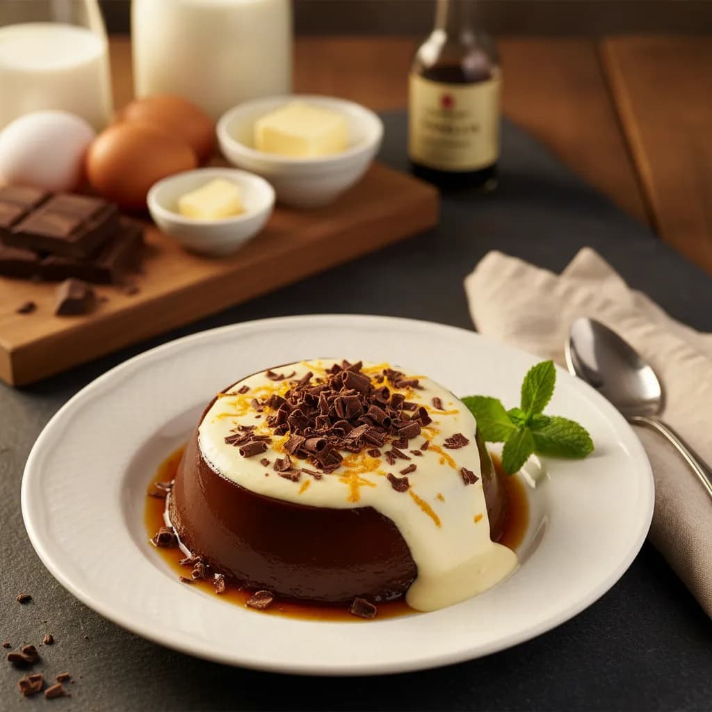 Pudim de Chocolate com Leite Creme e Raspas de Chocolate e Laranja