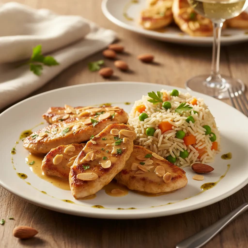 Bifinhos de Frango com Amêndoa e Arroz Primavera