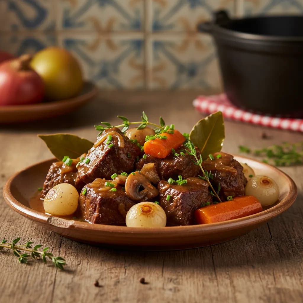 Javali Estufado com Cogumelos e Cebolinhas