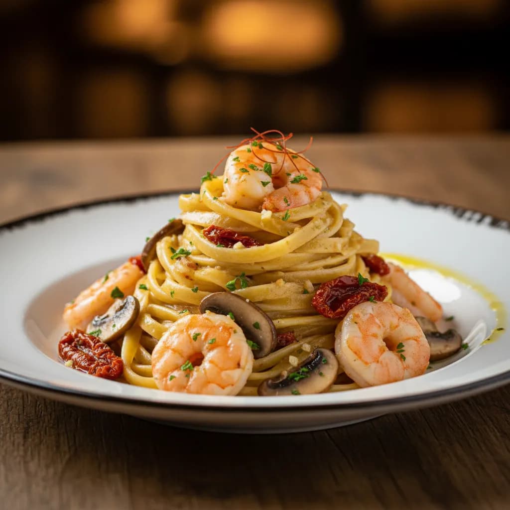 Fettuccine com Camarão, Cogumelos e Tomate Seco