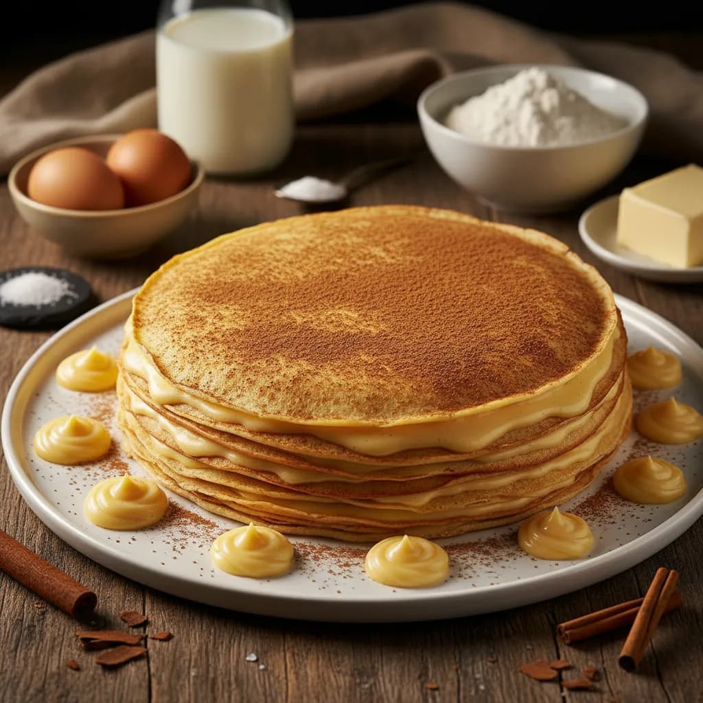 Bolo de Crepes com Creme de Ovos e Canela
