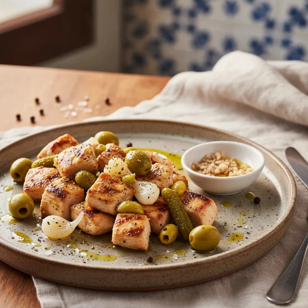 Pica Pau de Frango Grelhado com Pickles e Azeitonas Verdes