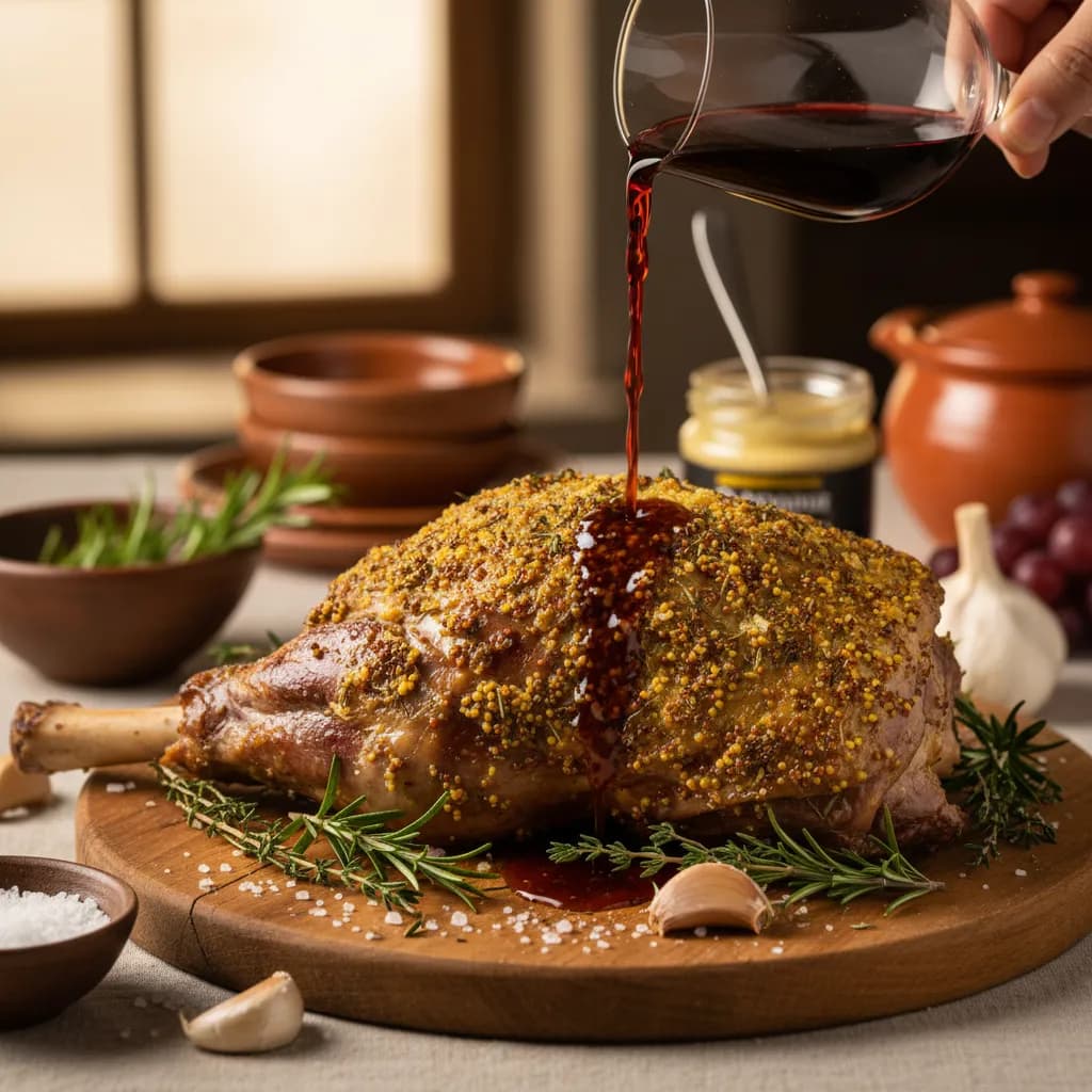 Borrego Assado no Forno com Vinho Tinto e Mostarda