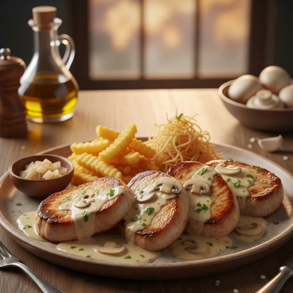 Bifes com Molho de Natas Acompanhados com Dois Tipos de Batatas Fritas
