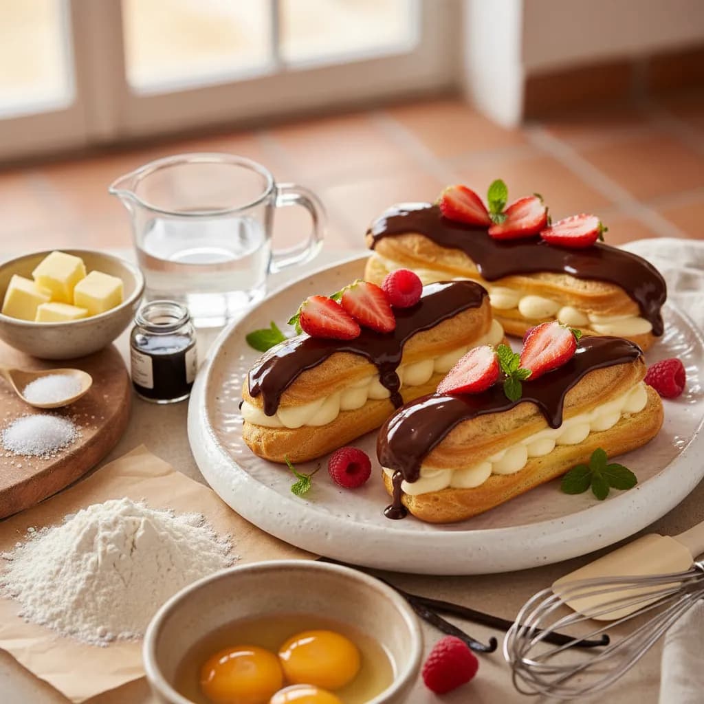 Éclairs de Morango com Creme de Baunilha e Chocolate