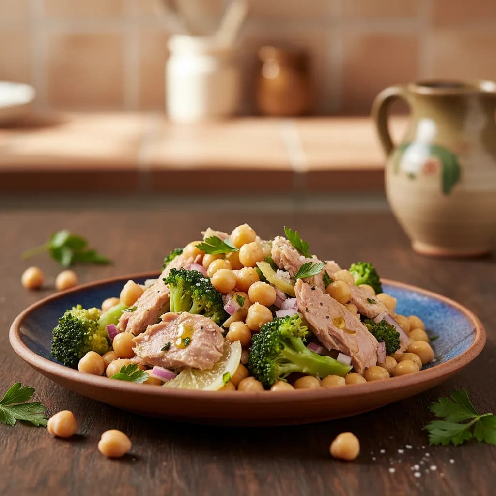 Salada de Grão-de-Bico e Atum com Brócolos