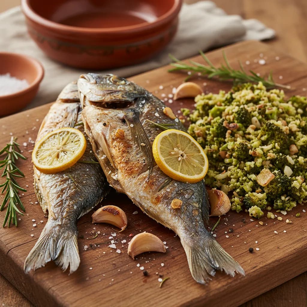 Dourada no Forno com Limão e Alecrim e Migas de Brócolos