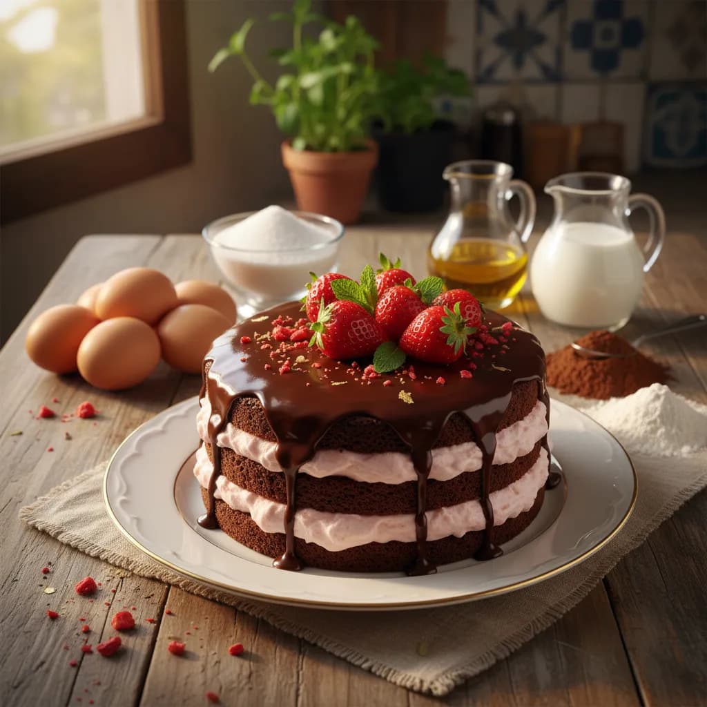 Bolo Trufado de Chocolate com Mousse de Morango