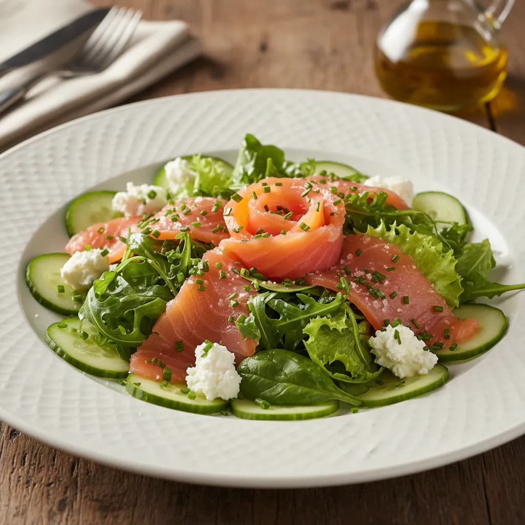 Salada de Salmão Fumado com Queijo de Cabra e Cebolinho