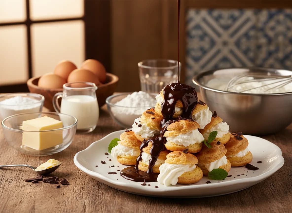 Profiteroles com Recheio de Chantilly e Molho de Chocolate