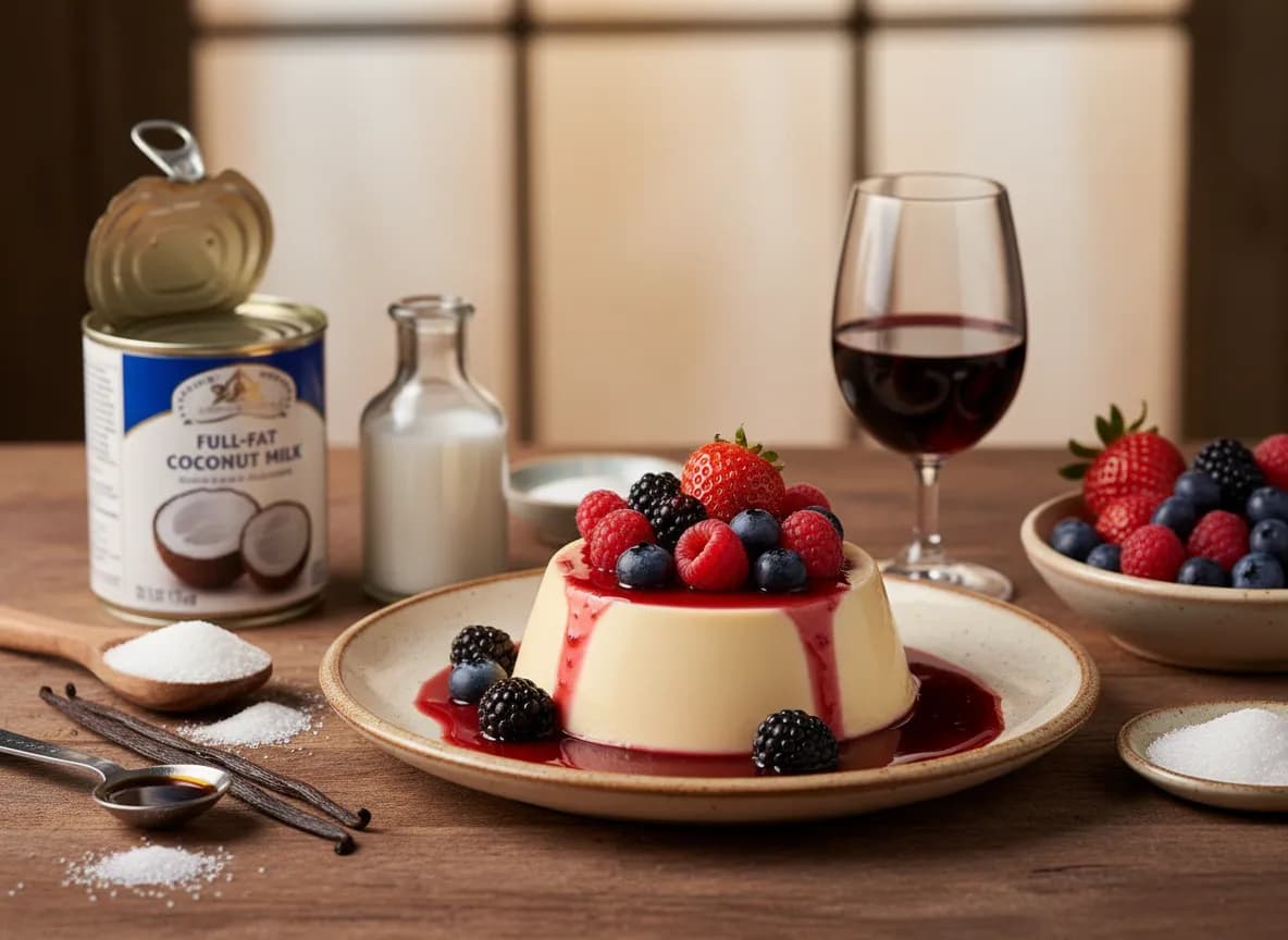 Panna Cotta de Baunilha em Calda de Vinho do Porto e Frutos Vermelhos