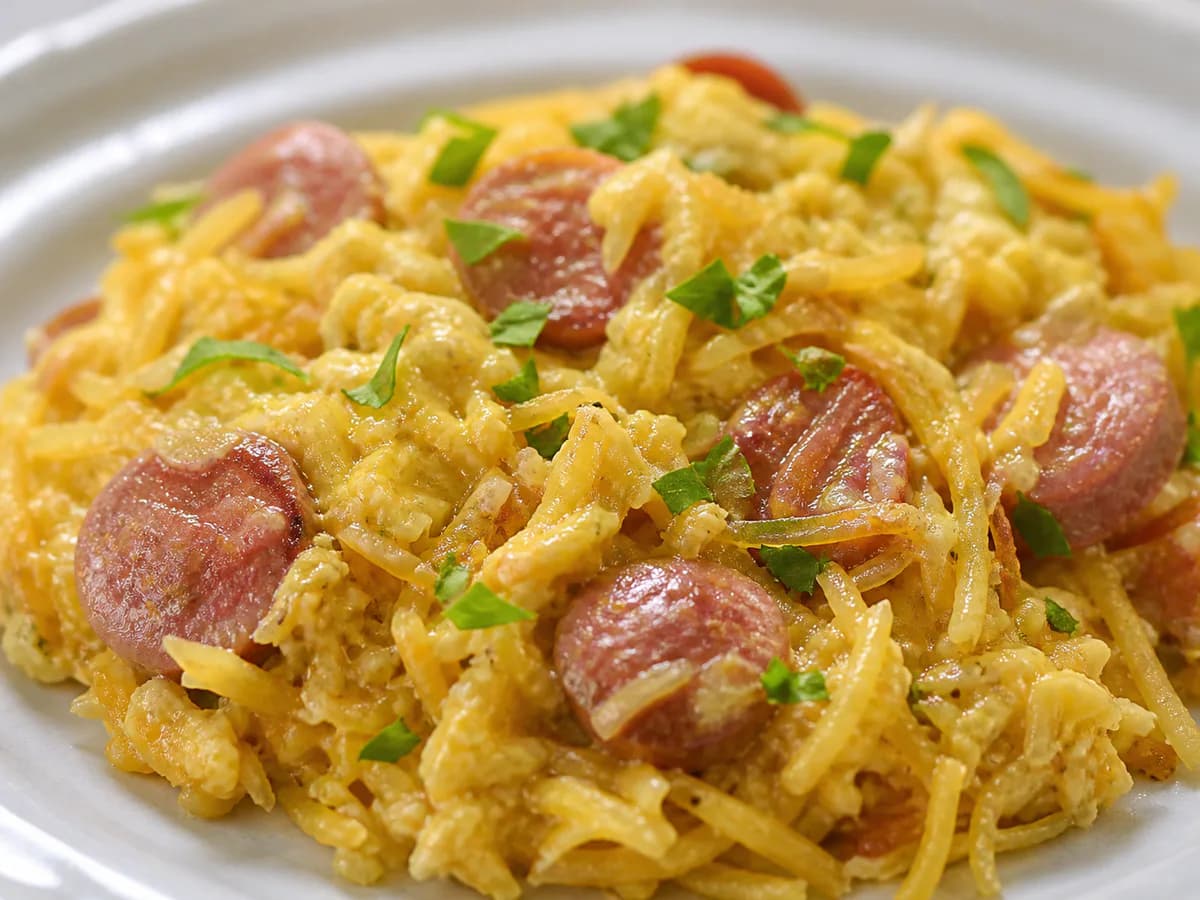 Pormenor de uma porção de A Brás de Salsichas