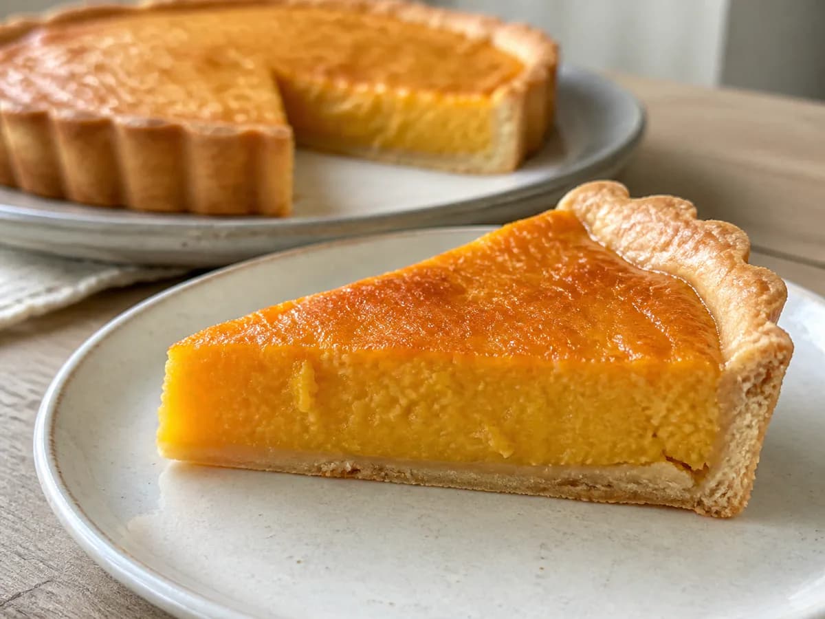 Pormenor de uma porção de Tarte de Laranja com Massa Amanteigada