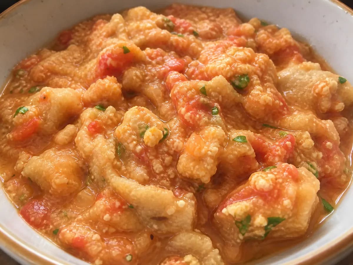 Pormenor de uma porção de Açorda de Tomate e Ovas com Bimby